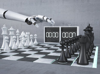 Roboterhand, Schach spielen, Start, Uhr, 3D Rendering - AHUF000095