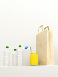 3D-Rendering, wiederverwendbare Plastikflaschen und Papiertüte vor weißem Hintergrund - UWF000738