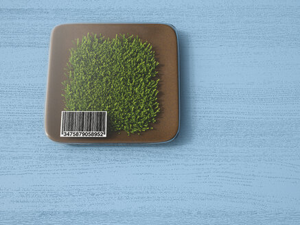 3D-Rendering, verpacktes Gras mit Strichcode auf kokelartigem Hintergrund - UWF000744