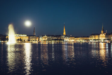 Germany, Hamburg, Skyline, full moon and Inner Alster Lake at night - KRPF001707