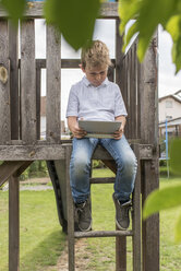 Kleiner Junge sitzt auf der Spielwiese und schaut auf ein digitales Tablet - PAF001534