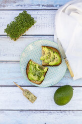 Slice of toasted bread with acocado, cress and hemp seeds on a plate - LVF004432