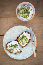 Getoastete Brotscheibe mit Bio-Quark und Kresse - LVF004437