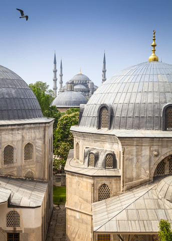 Türkei, Istanbul, Blick auf die Haghia Sophia und die Sultan-Ahmed-Moschee, lizenzfreies Stockfoto