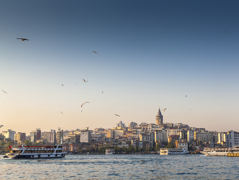 Turkey, Istanbul, view to Galata Tower over Golden Horn stock photo