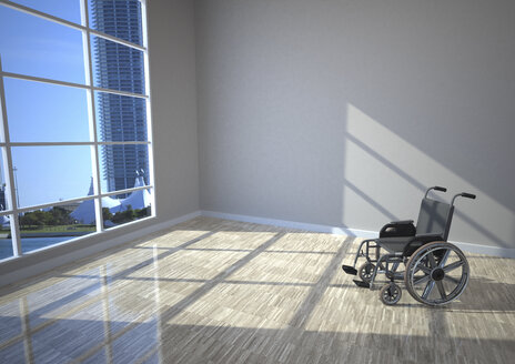 Rollstuhl im Zimmer mit Sonnenlicht, 3D Illustration - ALF000671