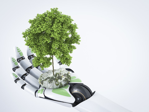 3D Rendering, Roboterhand hält Baum, lizenzfreies Stockfoto