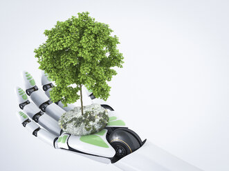 3D Rendering, Roboterhand hält Baum - AHUF000098