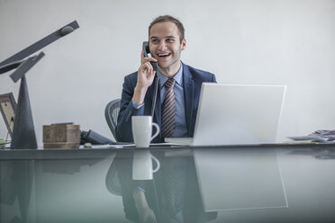 Lächelnder Geschäftsmann am Schreibtisch beim Telefonieren - ZEF007968