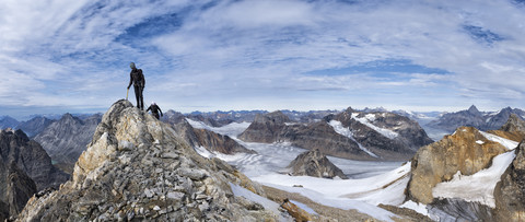 Greenland, Kulusuk, Mountaineers in the Schweizerland Alps stock photo