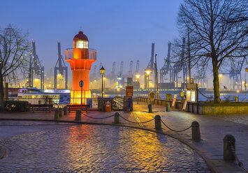 Germany, Hamburg, Harbor, Oevelgoenne, Lighthouse in the evening - RJF000564