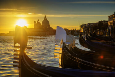 Italy, Veneto, Venice, Gondolas at sunset, Santa Maria della Salute in the background - HAMF000133