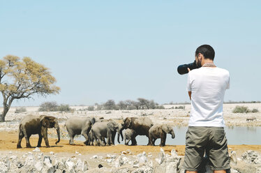 Namibia, Etosha-Nationalpark, Fotograf fotografiert Elefanten in der Nähe eines Wasserlochs - GEMF000660