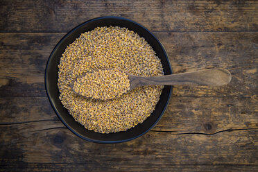 Bowl of organic einkorn wheat on dark wood - LVF004469