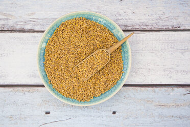 Bowl of organic einkorn wheat on wood - LVF004470