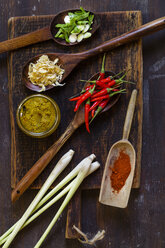 Ingredients of Asian curry paste on wooden board - SBDF002674