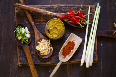 Ingredients of Asian curry paste on wooden board - SBDF002675