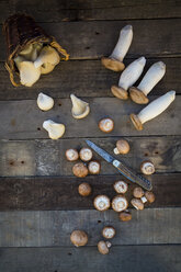 Different sorts of mushrooms and a pocket knife on wood - LVF004480