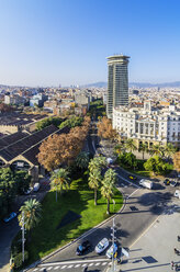 Spain, Barcelona, cityscape as seen from Columbus column with Ramblas - THAF001569