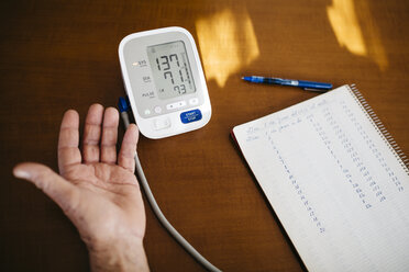 Hand eines älteren Mannes, der seinen Blutdruck kontrolliert, Nahaufnahme - JRFF000372