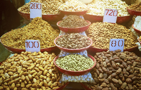 India, Old Delhi, market, spices and dried fruits stock photo