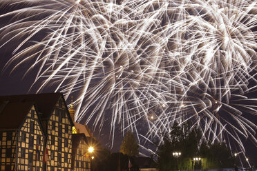 Poland, Bydgoszcz, holiday fireworks, on the left old granaries - ABOF000073