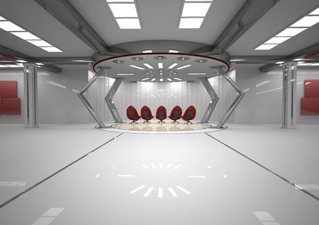 Futuristischer Raum mit fünf roten Drehsesseln, 3D Rendering - ALF000676