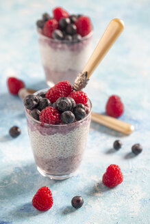 Zwei Gläser Chia-Pudding mit Heidelbeeren und Himbeeren - SARF002511