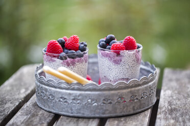 Zwei Gläser Chia-Pudding mit Heidelbeeren und Himbeeren auf einem Metalltablett - SARF002513