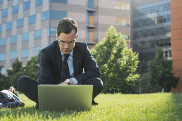 Businessman sitting on meadow using laptop - JUBF000090