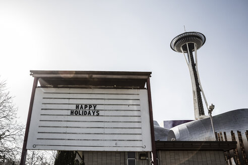 USA, Washington, Seattle, Space Needle and Holiday Sign - NGF000247