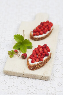 Brotscheiben mit Frischkäse und Walderdbeeren auf dem Schneidebrett - GWF004600