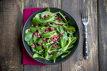 Lamb's lettuce and pomegranate seeds in bowl - SARF002517