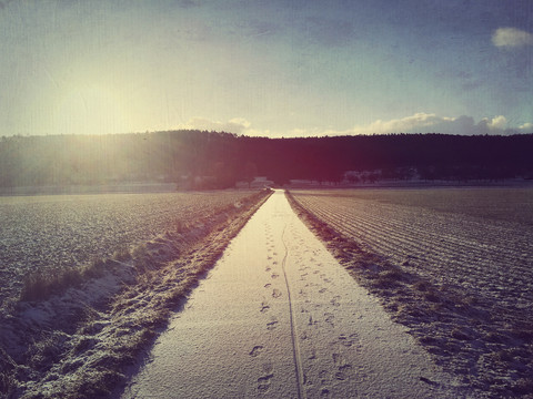 Fußspuren im Schnee auf einem Feldweg, lizenzfreies Stockfoto