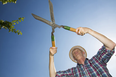 Allotment gardener with hedge trimmer in front of blue sky - JATF000832