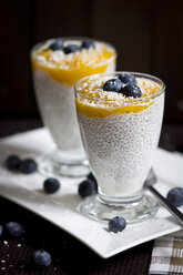 Two glasses of chia pudding with mango banana mush, blueberries and coconut flakes - YFF000528