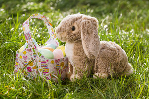 Osterhase und Tüte mit Ostereiern auf einer Wiese - SARF002531