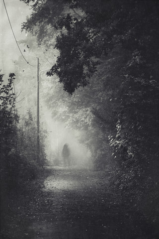 Silhouette eines Mannes auf einem Weg bei Nebel, lizenzfreies Stockfoto
