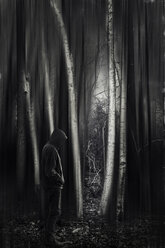 Mann mit Kapuzenjacke im Wald, schwarz und weiß - DWIF000686