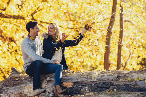 Glückliches Paar, das sich im Herbst in einem Wald auf einem Baumstamm sitzend amüsiert, lizenzfreies Stockfoto