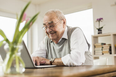 Porträt eines glücklichen älteren Mannes, der zu Hause einen Laptop benutzt - UUF006568