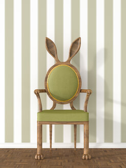 Vintage-Sessel mit Kaninchenohren vor gestreifter Tapete, 3D Rendering - AHUF000103