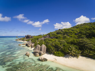 Seychelles, La Digue Island, Anse Source D'Argent, Aerial view of beach - FOF008406