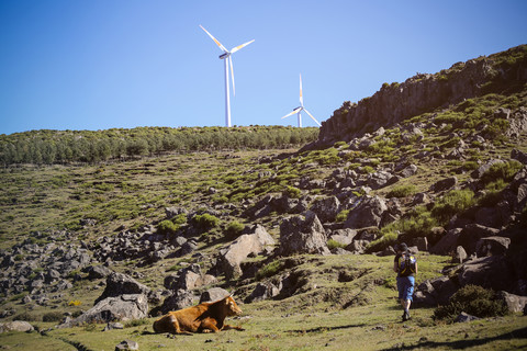 Portugal, Madeira, Mann auf Wandertour entlang der Levadas, lizenzfreies Stockfoto