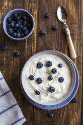 Yogurt with blueberries in bowl on wood - SARF002554