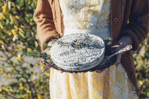 Frauenhände halten Teller mit dekoriertem Weichkäse, lizenzfreies Stockfoto