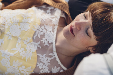 Portrait of woman with closed eyes wearing lace top - MJF001720