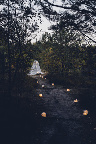 Romantic camp in autumnal nature at twilight stock photo