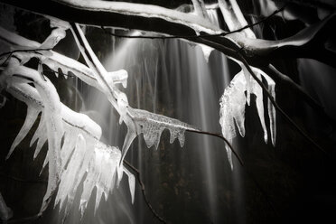 Spain, Cuenca, Waterfall at River Cuervo, frozen twigs, black and white - DSGF000975