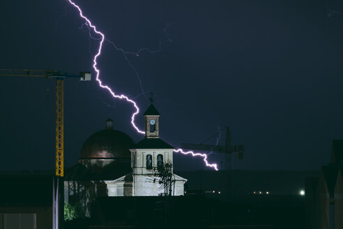 Spain, Toledo, Yuncler, thunderbold behind a church - ERLF000144